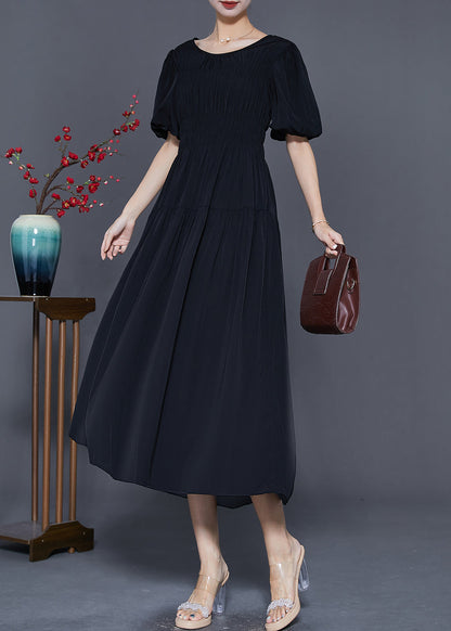 Black Slim Fit Cotton Dresses O-neck Cinched Puff Sleeve