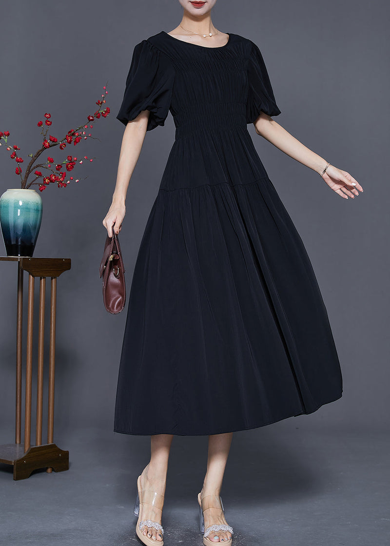 Black Slim Fit Cotton Dresses O-neck Cinched Puff Sleeve