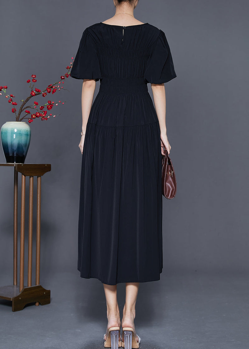 Black Slim Fit Cotton Dresses O-neck Cinched Puff Sleeve
