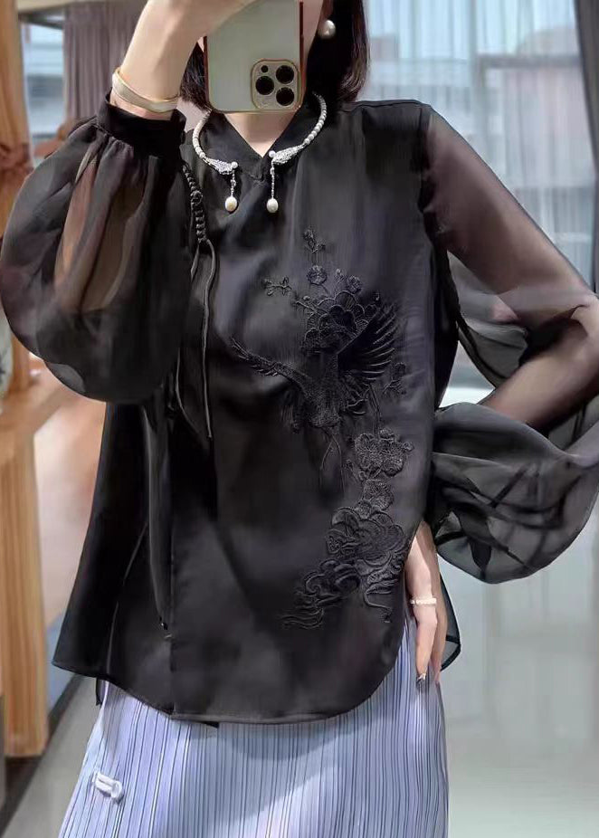 Black Solid Button Chiffon Blouses Stand Collar Lantern Sleeve