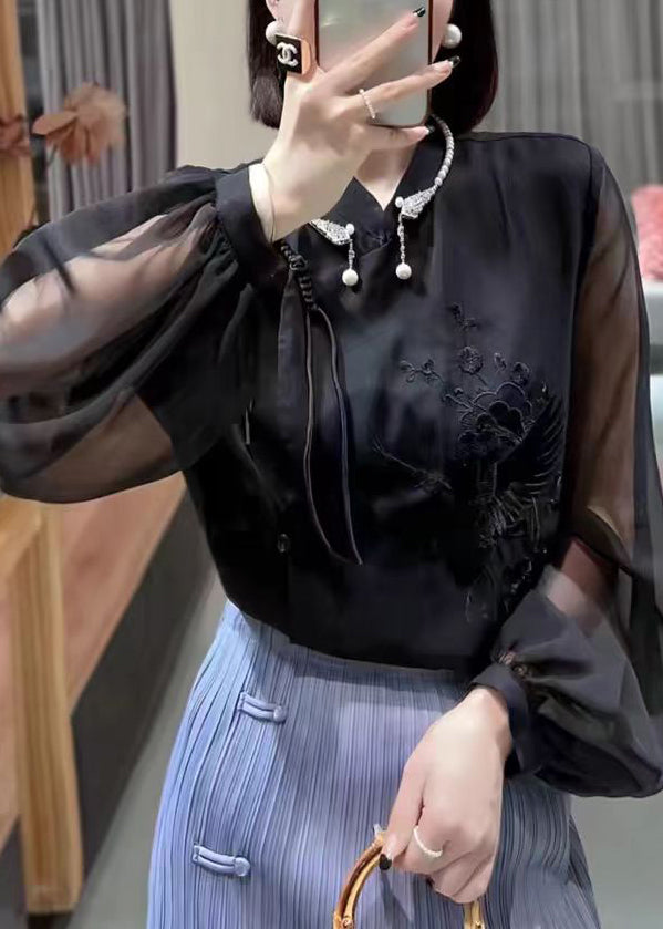 Black Solid Button Chiffon Blouses Stand Collar Lantern Sleeve