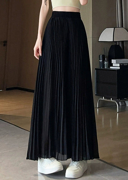 Black Chiffon Summer Wide Leg Pants Elastic Waist