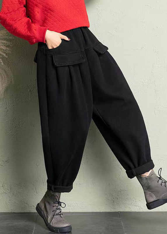 Black Cotton Harem Pants Elastic Waist Spring