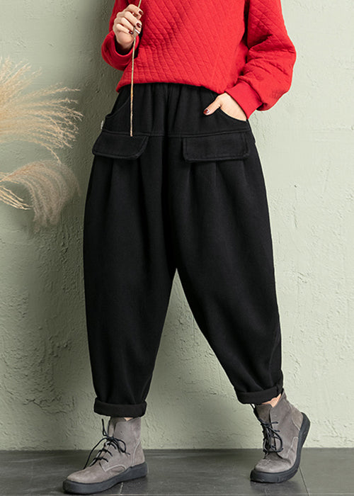 Black Cotton Harem Pants Elastic Waist Spring