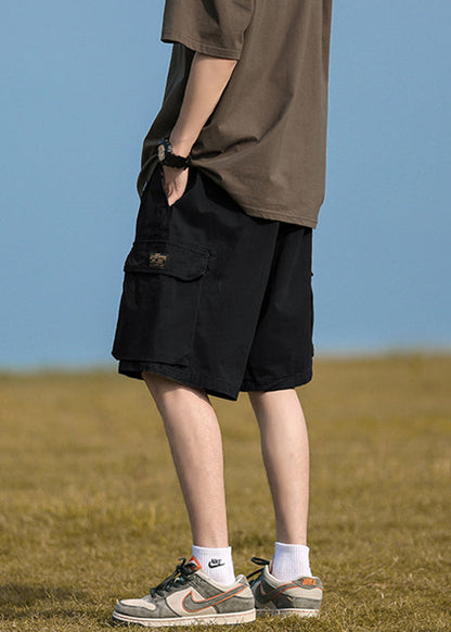 Black Cotton Summer Shorts Elastic Waist