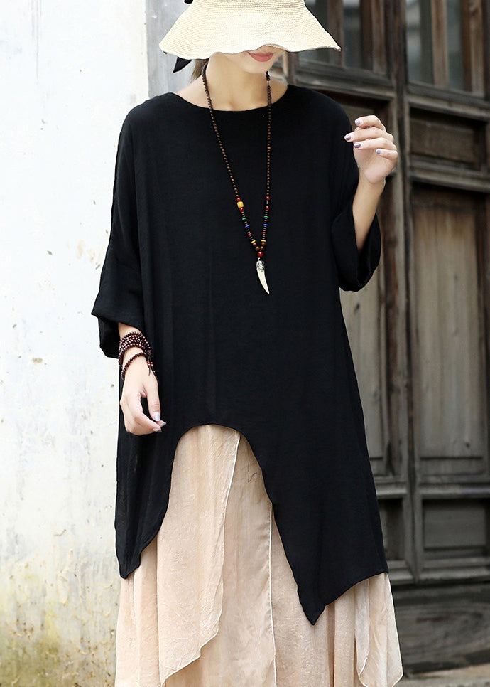 Black Cotton Upf 50+ Pullover Tops Open Side Three Quarter Sleeve