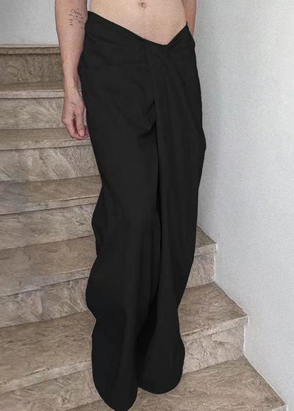 Black Cotton Wide Leg Summer Pants Asymmetrical