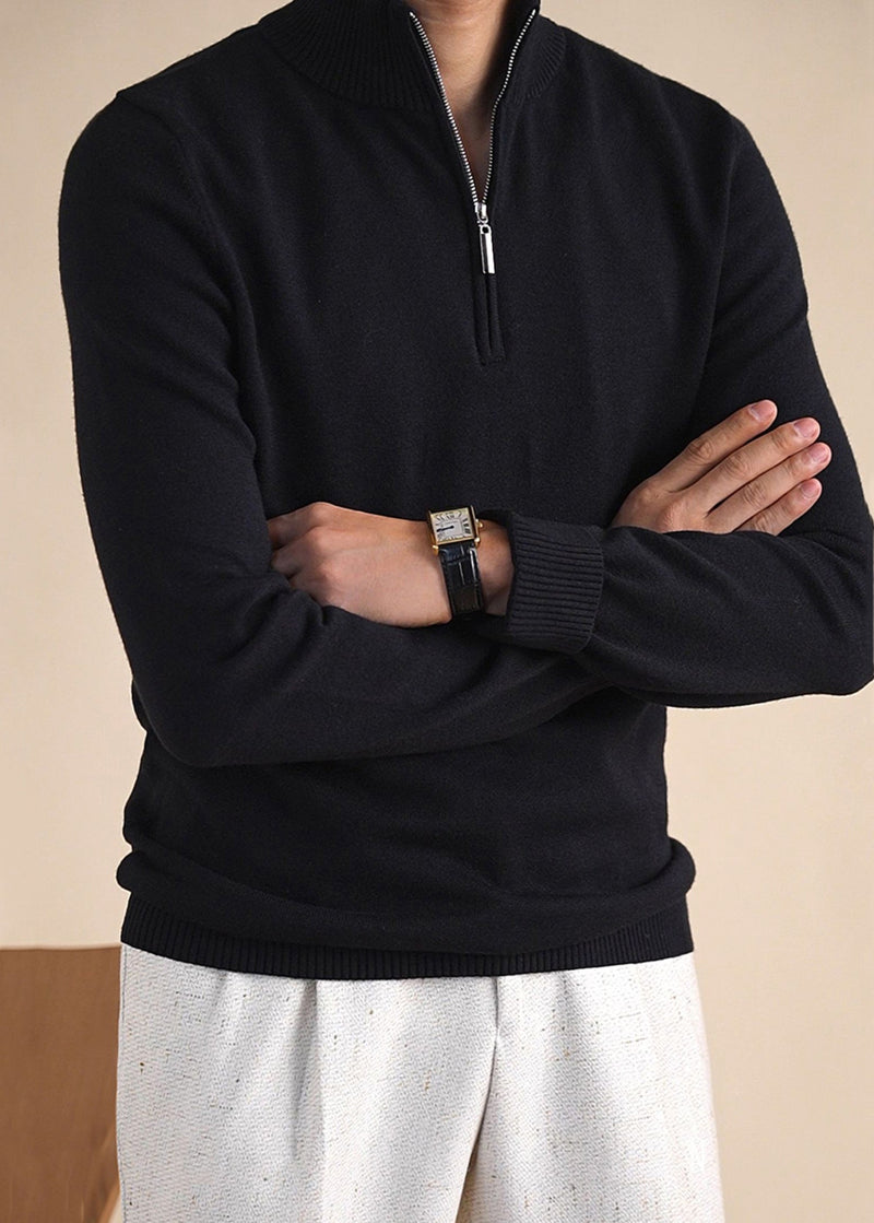 Black Cozy Knit Winter Sweater Tops Zip Up
