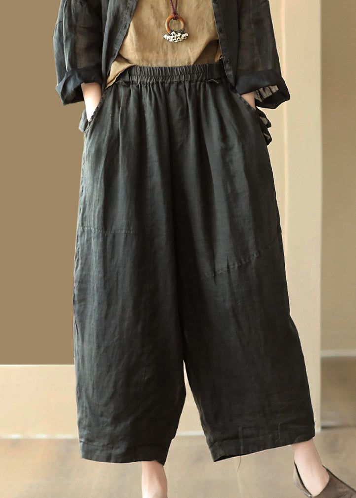 Black Cozy Linen Wide Leg Pants Elastic Waist Summer