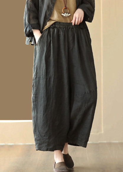 Black Cozy Linen Wide Leg Pants Elastic Waist Summer