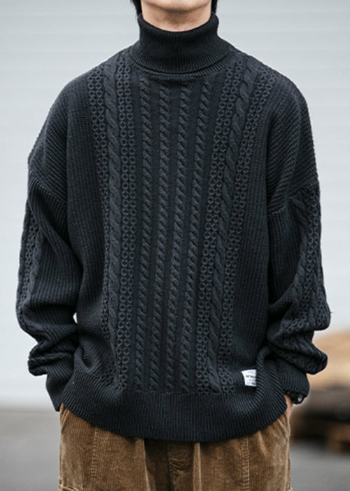 Black Cozy Cable Knit Sweaters Turtleneck Winter
