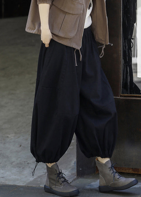 Black Drawstring Cotton Lantern Pants High Waist
