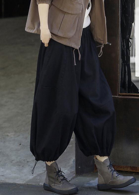 Black Drawstring Cotton Lantern Pants High Waist