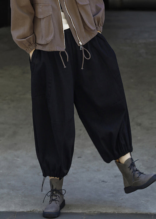 Black Drawstring Cotton Lantern Pants High Waist