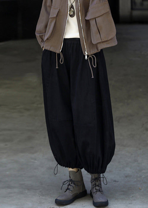 Black Drawstring Cotton Lantern Pants High Waist