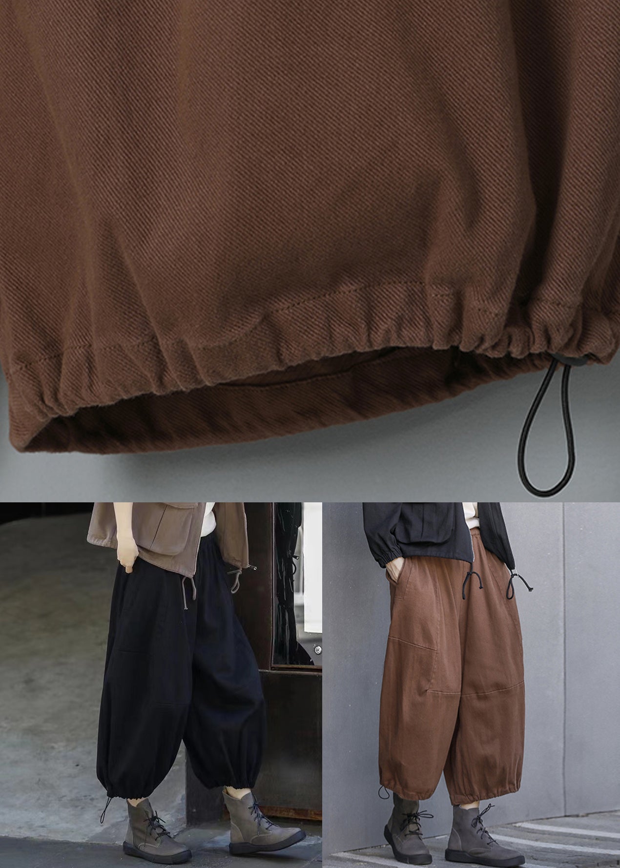 Black Drawstring Cotton Lantern Pants High Waist