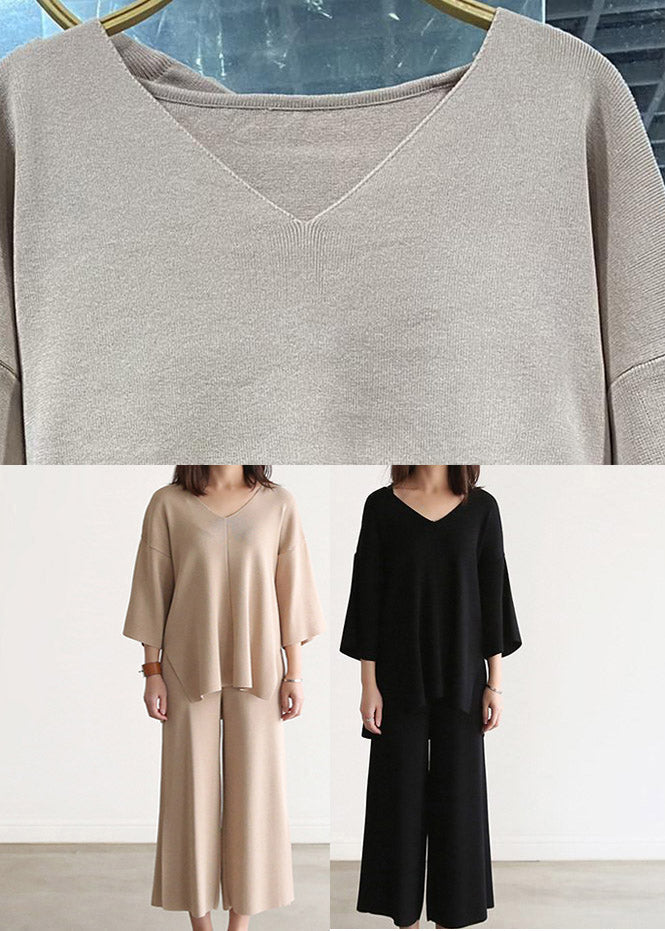 Black Knit Top and Wide Leg Pants Two Pieces Set Spring