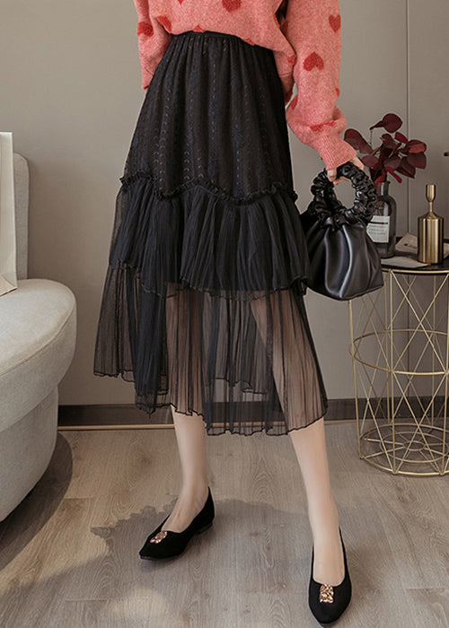 Black Lace Patchwork Chiffon Skirts Elastic Waist