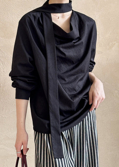 Black Solid Loose Cotton Shirt Bow Long Sleeve