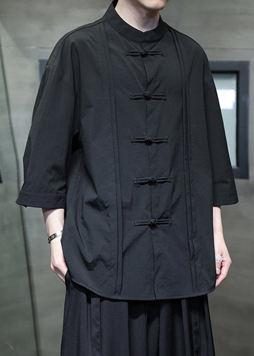 Black Loose Silk Cotton Shirt Stand Collar Fall