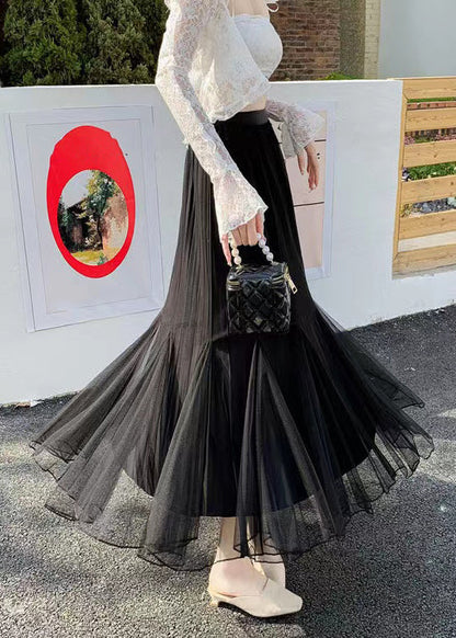 Black Loose Tulle Pleated Skirt Elastic Waist