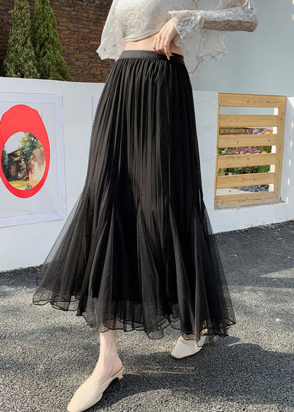 Black Loose Tulle Pleated Skirt Elastic Waist