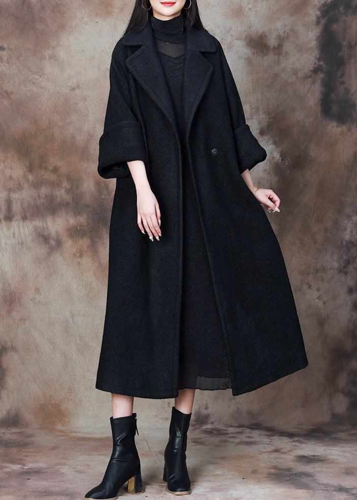 Black Loose Woolen Coats Notched Winter