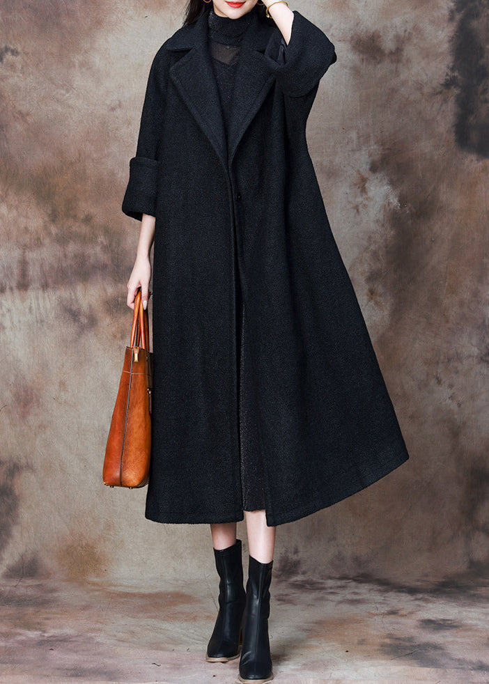Black Loose Woolen Coats Notched Winter