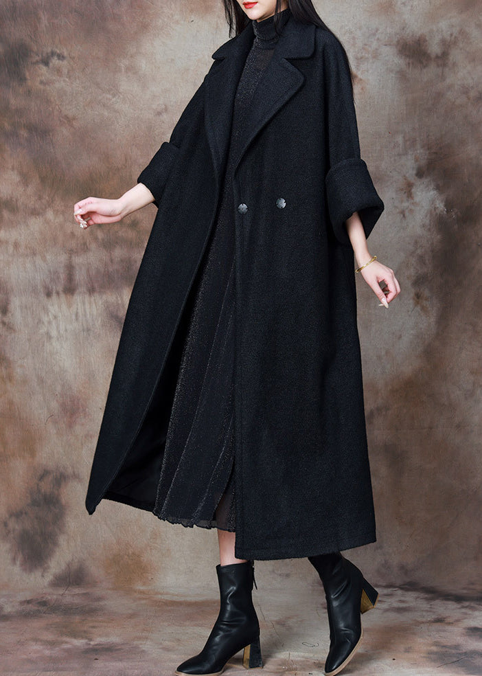 Black Loose Woolen Coats Notched Winter