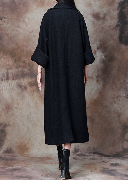 Black Loose Woolen Coats Notched Winter