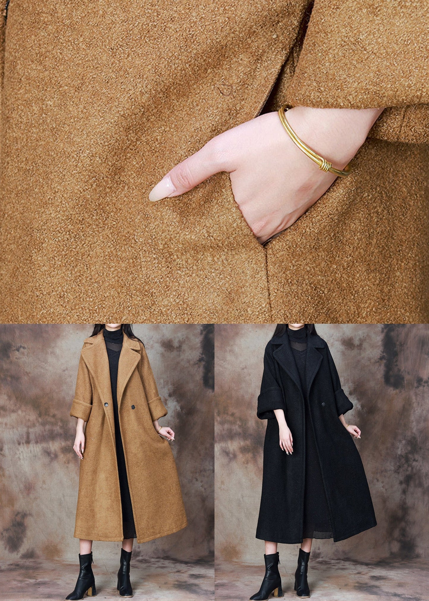 Black Loose Woolen Coats Notched Winter
