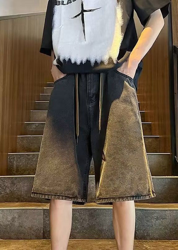 Black Patchwork Denim Shorts Elastic Waist