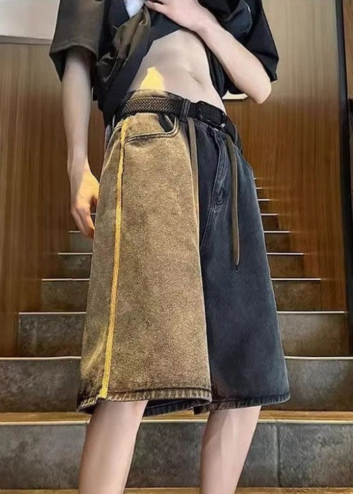 Black Patchwork Denim Shorts Elastic Waist