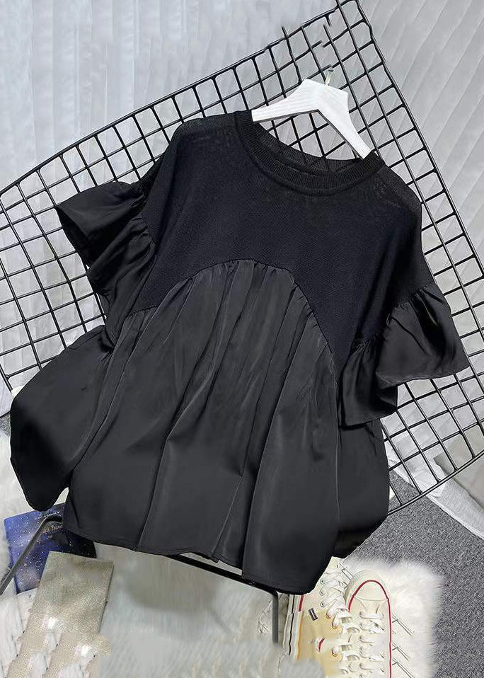 Black Patchwork Loose Chiffon Tops O Neck Flare Sleeve