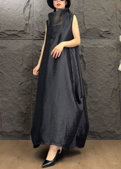 Black Patchwork Silk Long Dresses Turtleneck Summer
