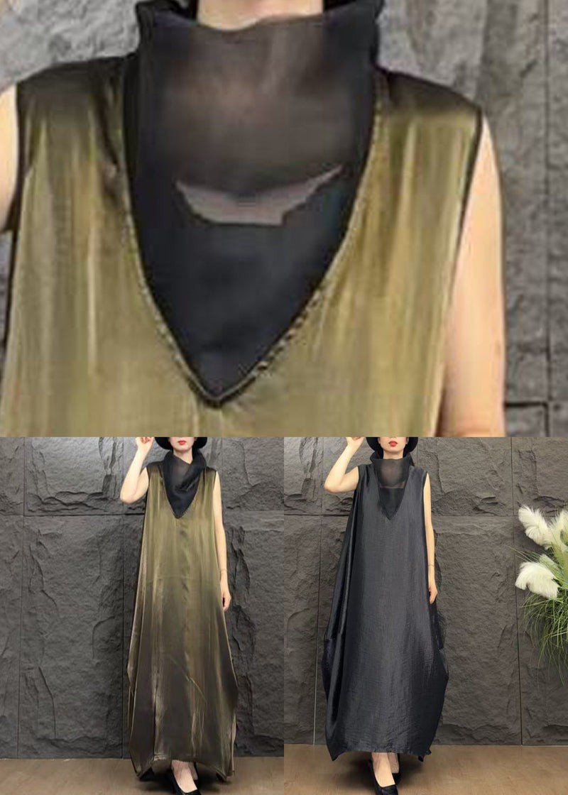 Black Patchwork Silk Long Dresses Turtleneck Summer