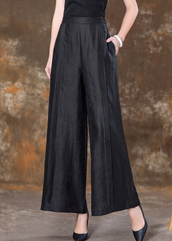 Black Patchwork Silk Velour High Waist Wide Leg Pants