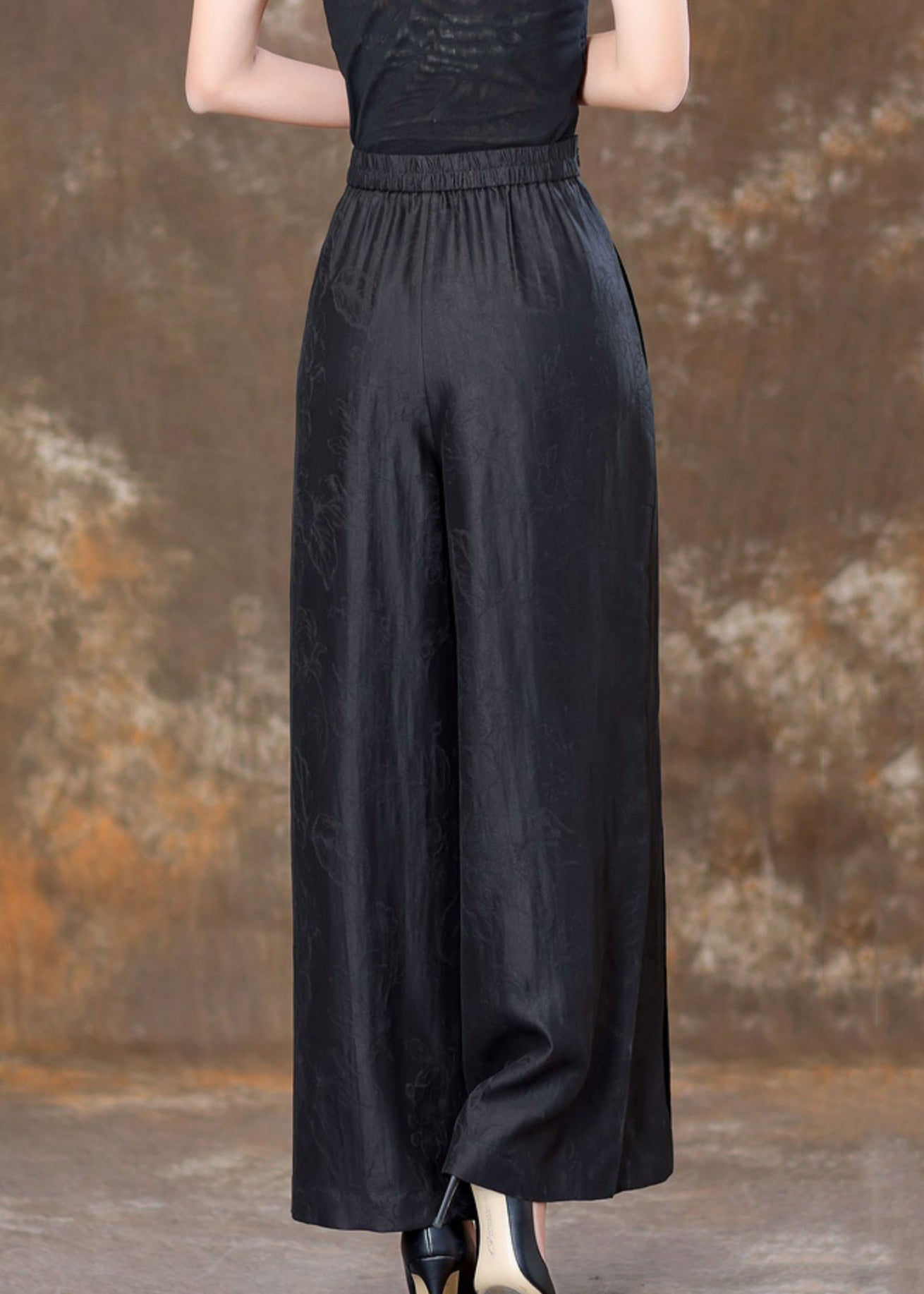 Black Patchwork Silk Velour High Waist Wide Leg Pants