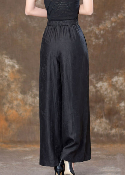 Black Patchwork Silk Velour High Waist Wide Leg Pants