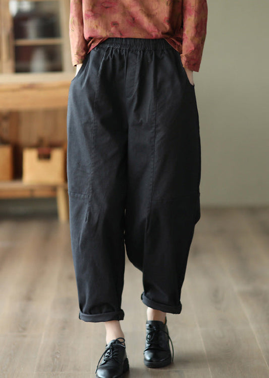 Black Pockets Cotton Crop Pants Elastic Waist