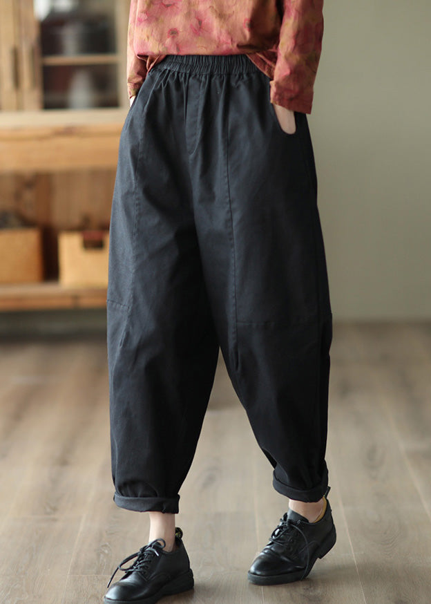 Black Pockets Cotton Crop Pants Elastic Waist