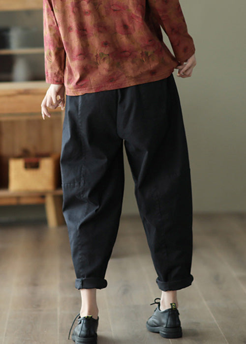 Black Pockets Cotton Crop Pants Elastic Waist