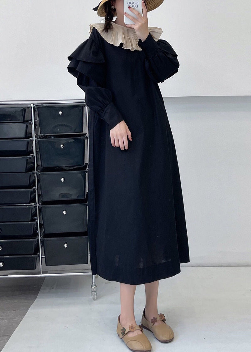 Black Pockets Cotton Dress Ruffled Summer