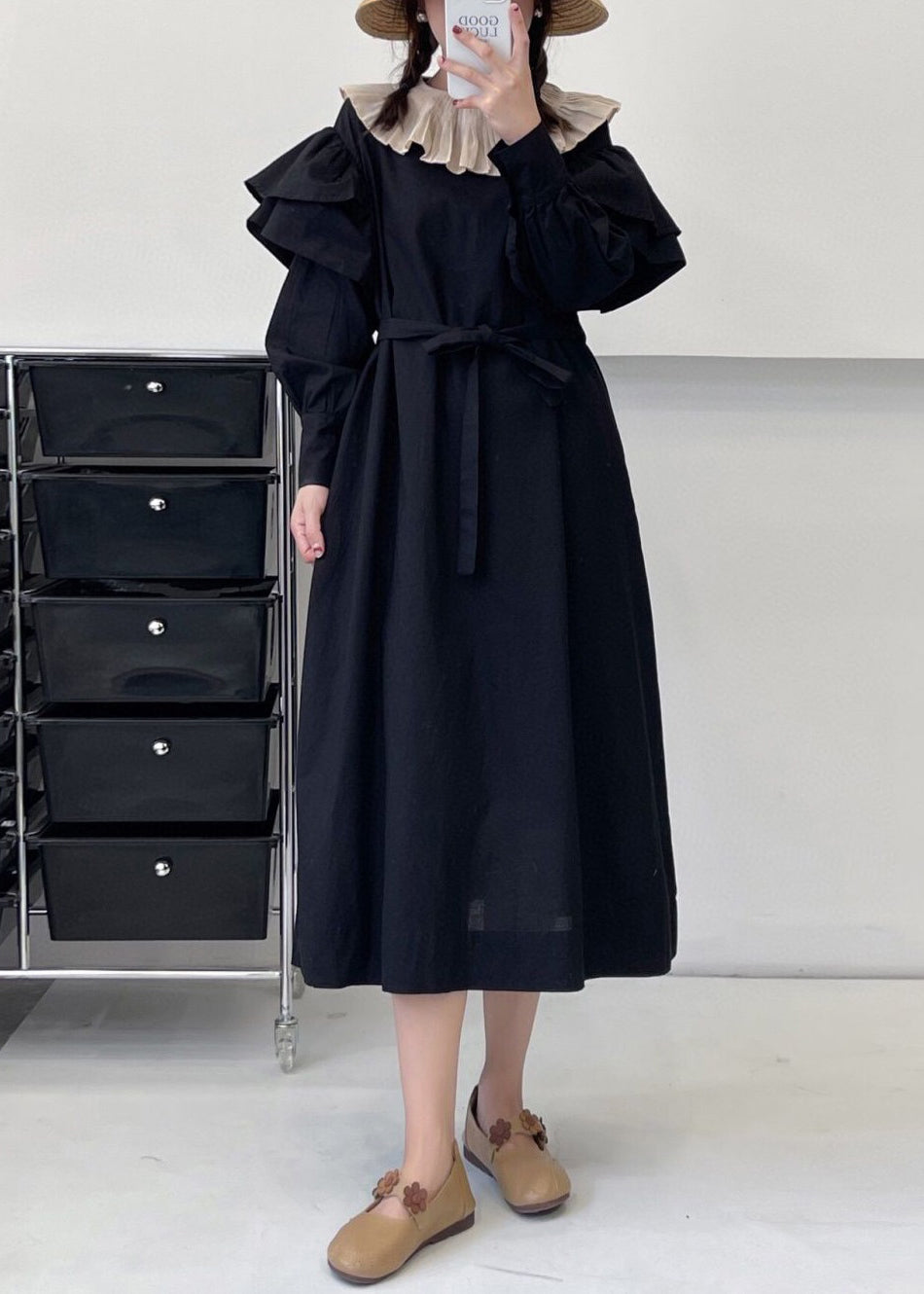 Black Pockets Cotton Dress Ruffled Summer