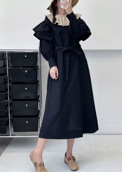 Black Pockets Cotton Dress Ruffled Summer