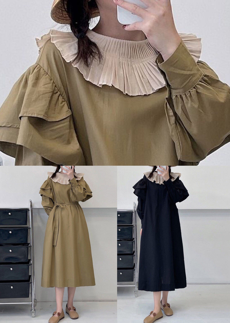 Black Pockets Cotton Dress Ruffled Summer