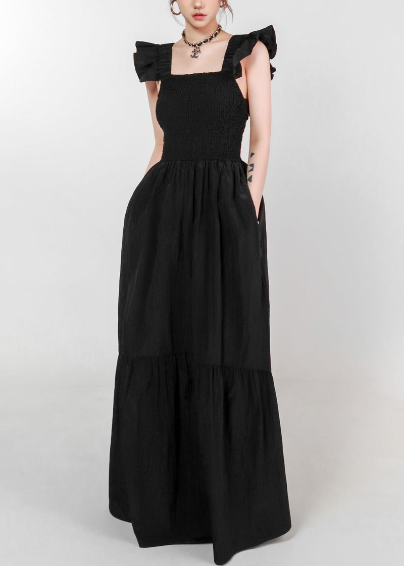 Black Pockets Cotton Dress Square Collar Butterfly Sleeve