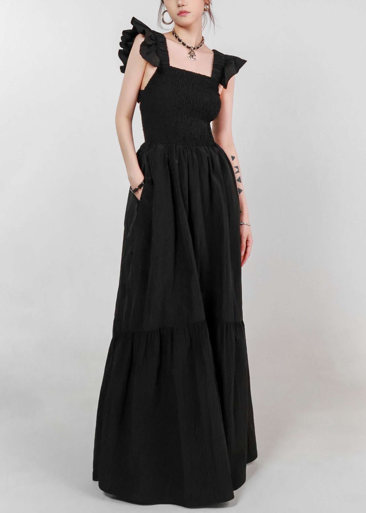 Black Pockets Cotton Dress Square Collar Butterfly Sleeve