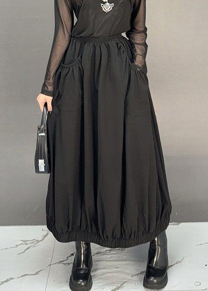 Black Pockets Cotton Fall Skirt Elastic Waist