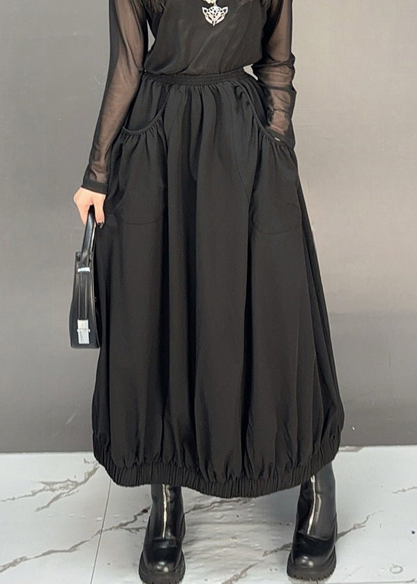 Black Pockets Cotton Fall Skirt Elastic Waist